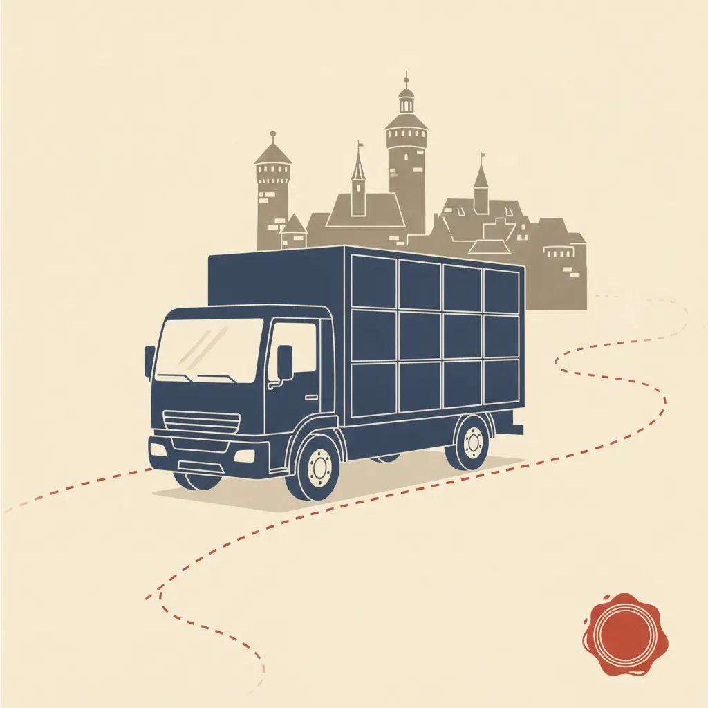 Illustration: kleiner blauer Transporter mit Teilladung auf europäischer Fernstraße – Beiladung europaweit ab Nürnberg
